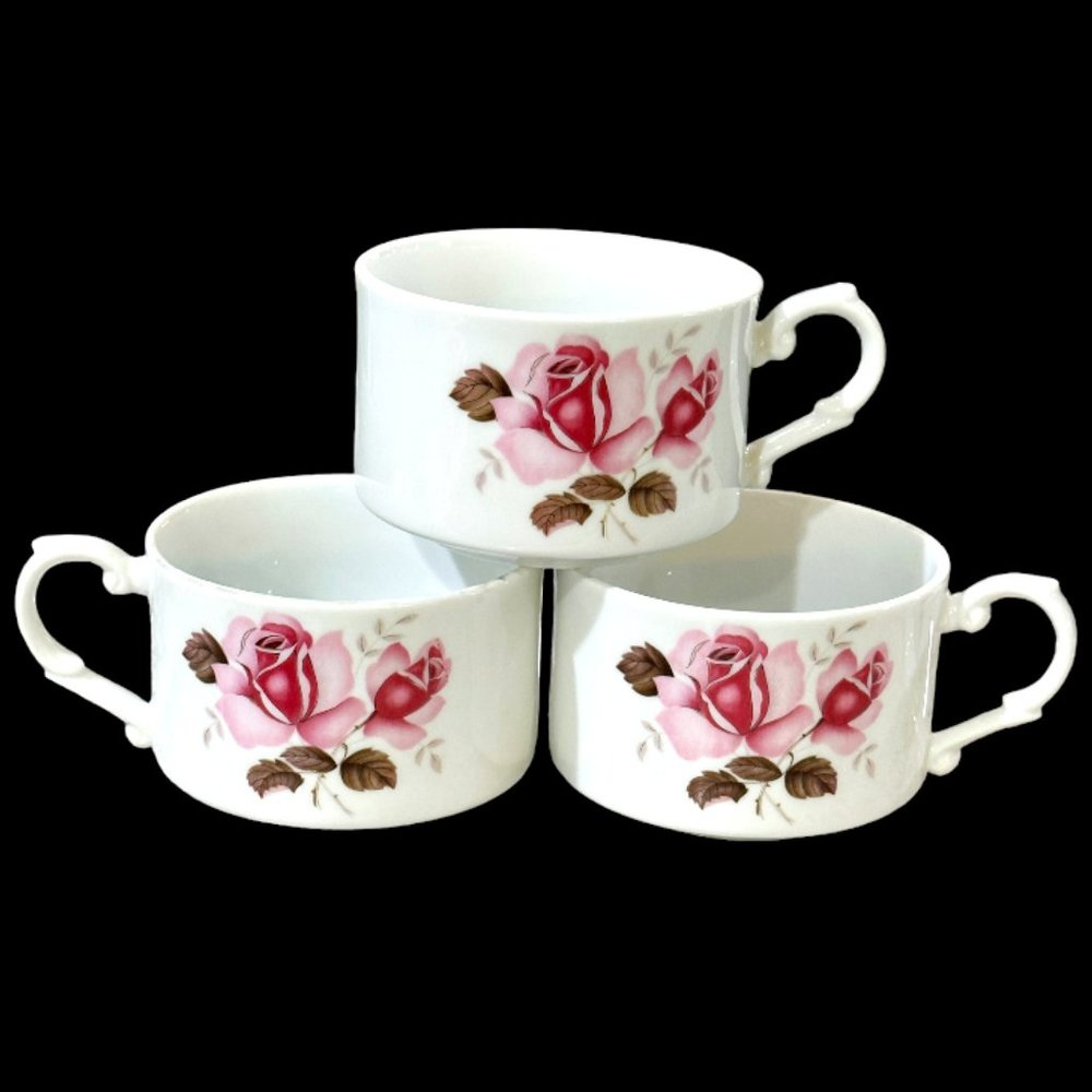 Set of 3 Contessa Pink Rose Coffee Mugs Cups JAPAN R8063K Floral Cottagecore EUC